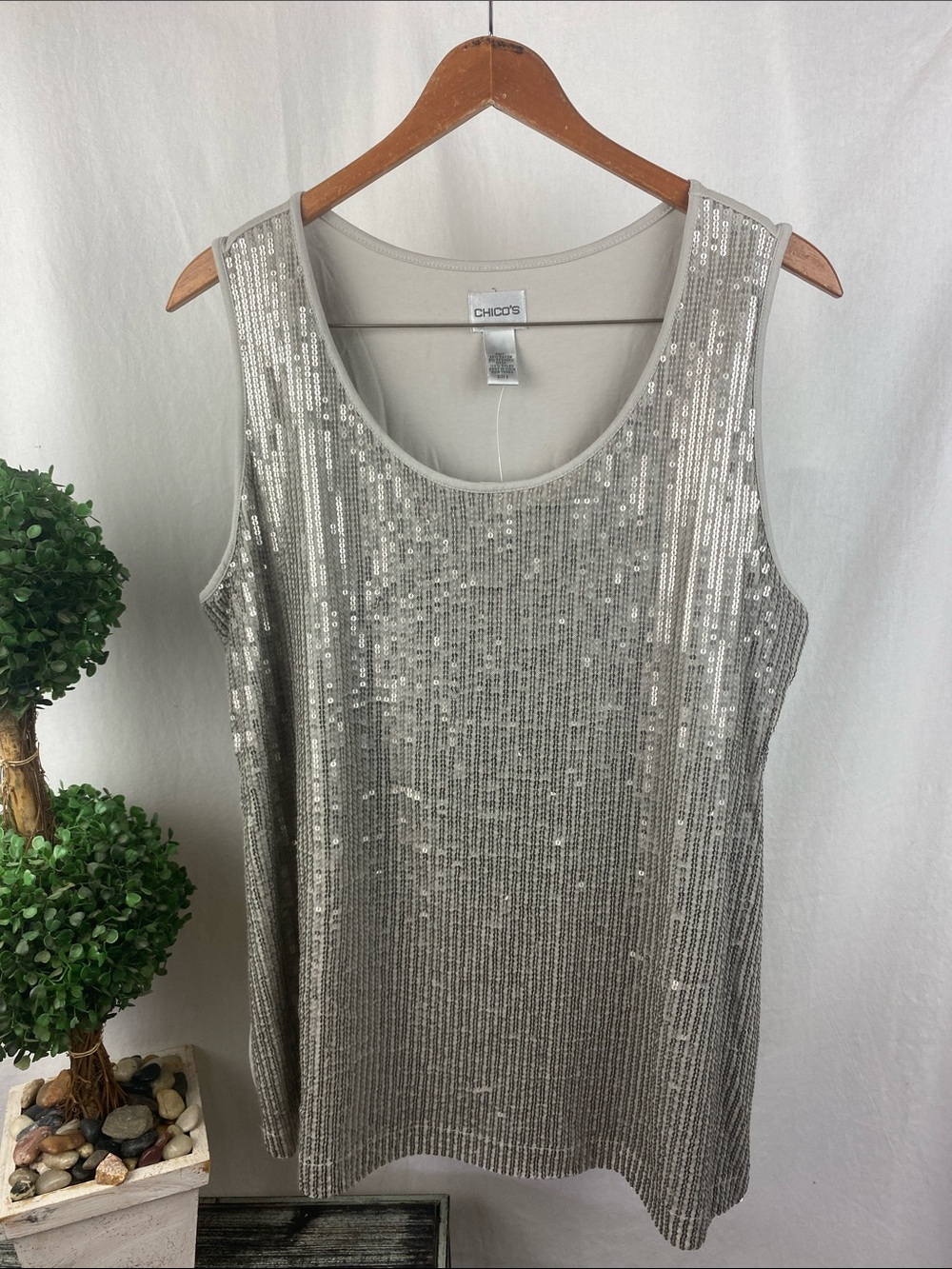 Chico’s Travelers Sequins Sandra Vintage Tan Taupe Tank Top 3 XL NEW